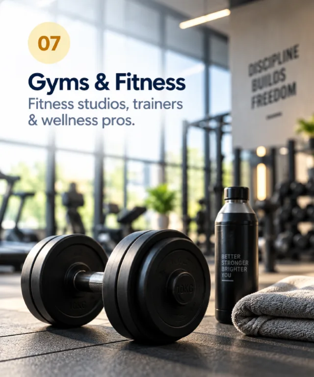 07 - Gyms & Fitness. Fitness studios, trainers & wellness pros.