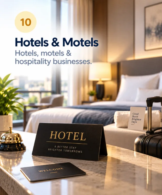 10 - Hotels & Motels. Hotels, motels & hospitality businesses.