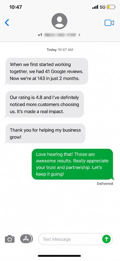 Text message: went from 41 Google reviews to 143 in two months, now rated 4.8, with more customers choosing them.
