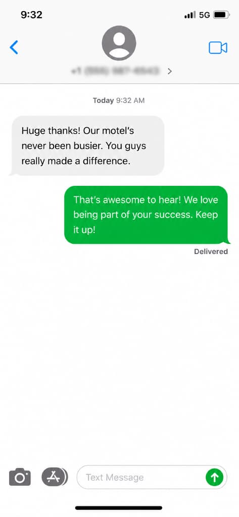Text message: the motel has never been busier and the team really made a difference.