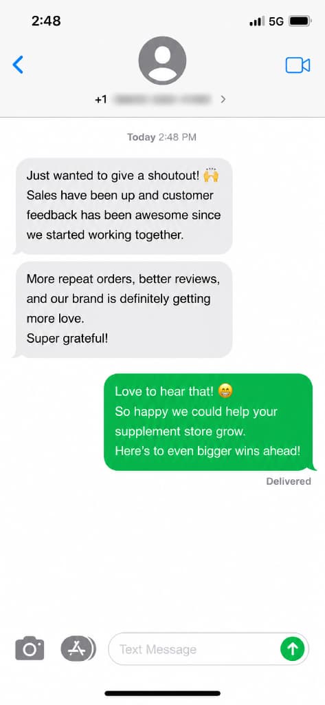 Text message: sales are up, customer feedback has been great, with more repeat orders and better reviews.