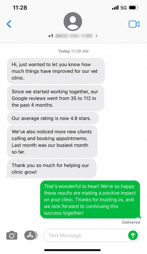 Text message: Google reviews went from 35 to 112 in four months, average rating 4.9, and last month was their busiest yet.